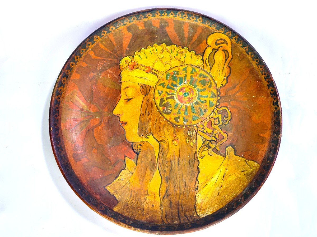 Alfons Mucha : Exceptionnel Plat Décoratif En Terre Cuite "portrait Byzantin" 