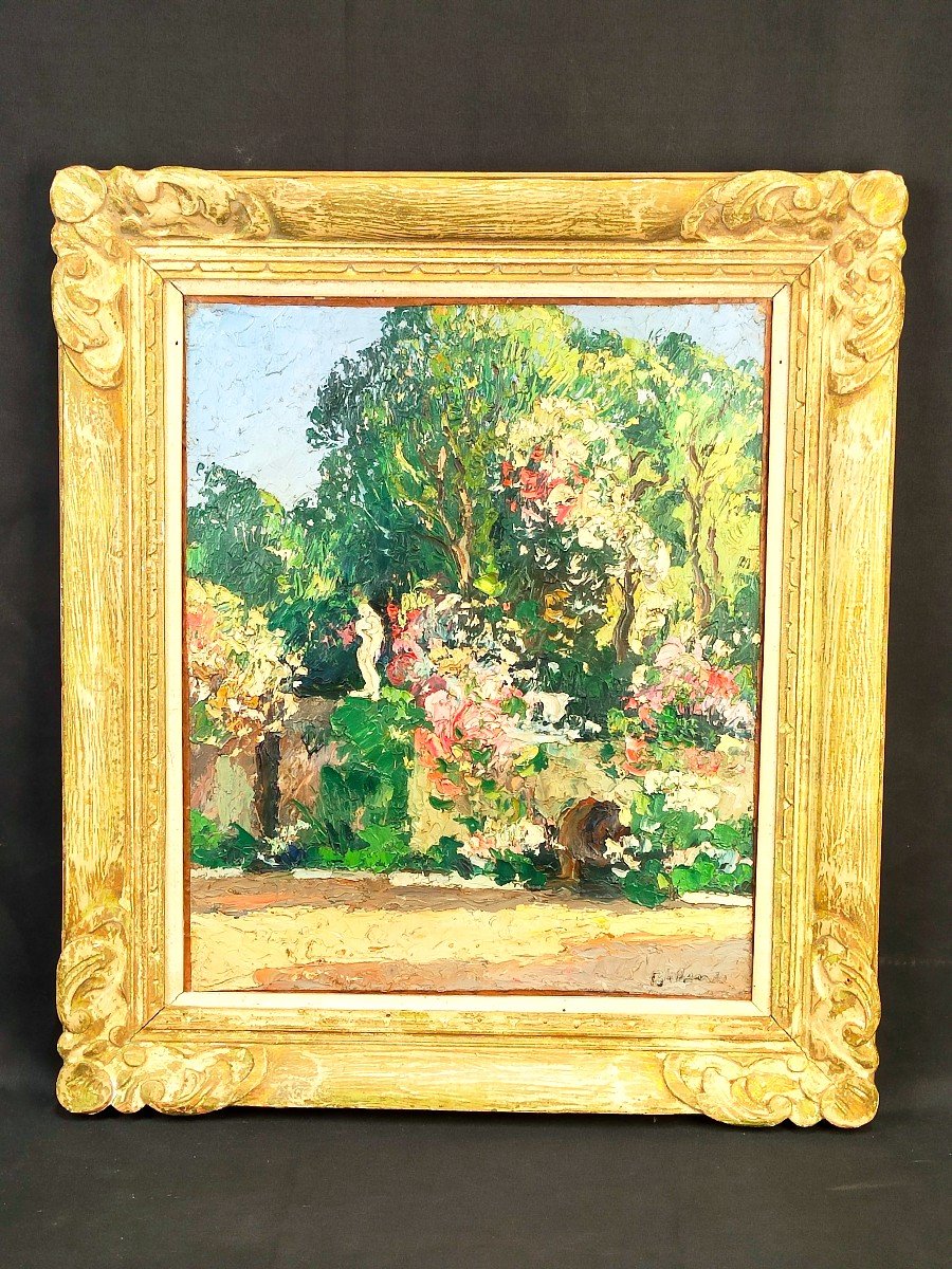 Huile Sur Toile Gaston Balande : Jardin à Senneville (Normandie) - Circa 1925-photo-3