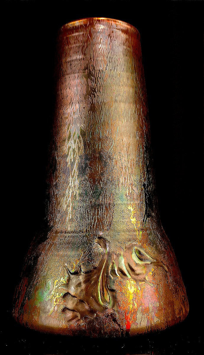Clément Massier: Large Iridescent Ceramic Vase - Circa 1885-photo-2