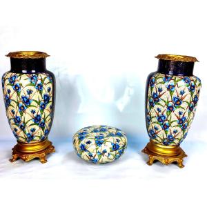 Keller&guerin Lunéville Set: Vases And Vide-poche 1880-1890