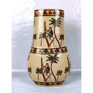 Large Vase With Tropical Decor - Late 20th Century