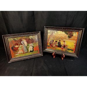 THOMAS JEAN : paire d'huiles sur panneaux - XIXème