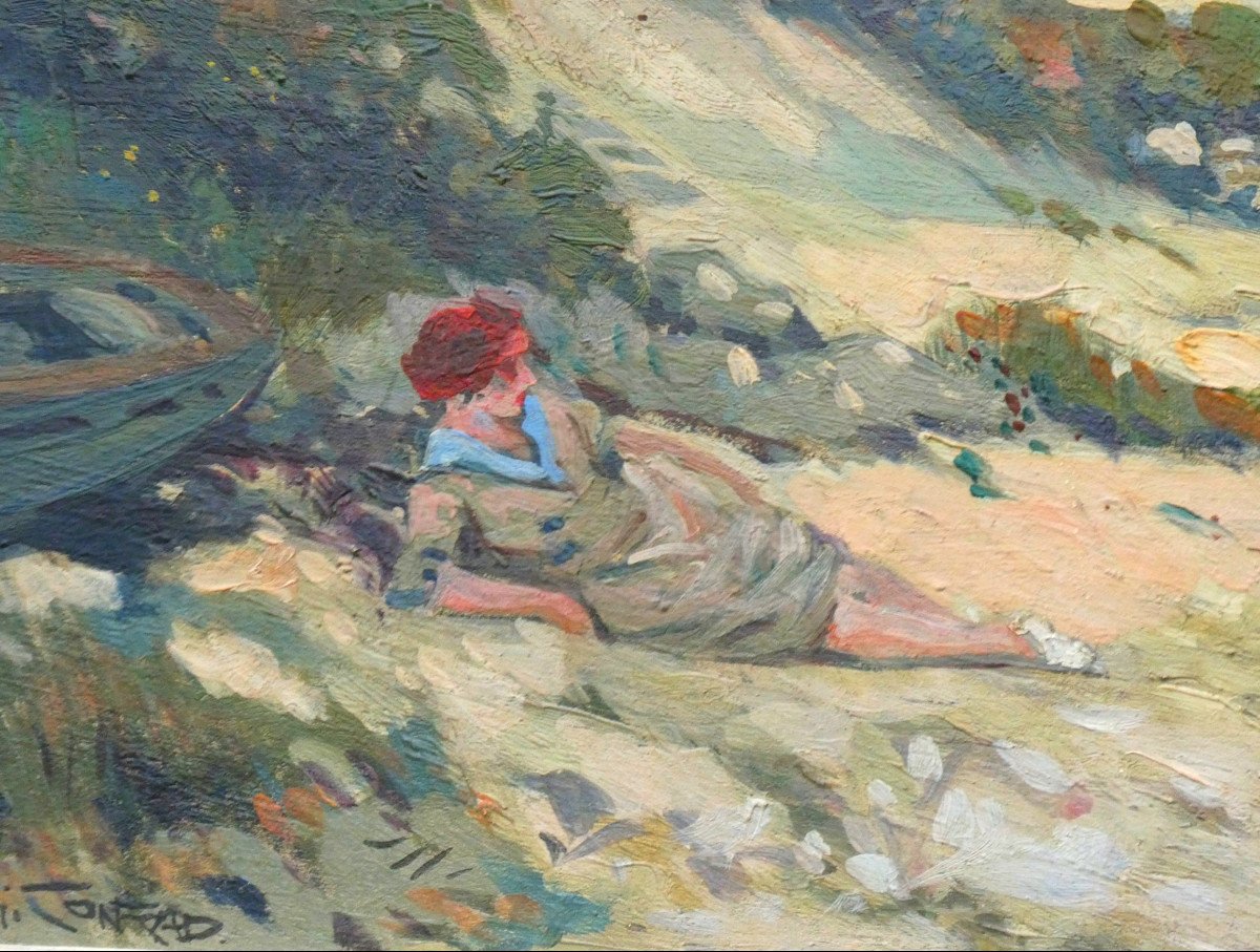 Oil On Panel By Georges Conrad, Young Woman Languid On The Normandy Beach, Seaside-photo-2