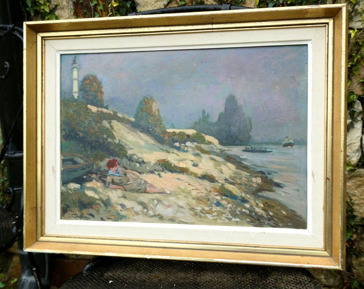 Oil On Panel By Georges Conrad, Young Woman Languid On The Normandy Beach, Seaside-photo-1