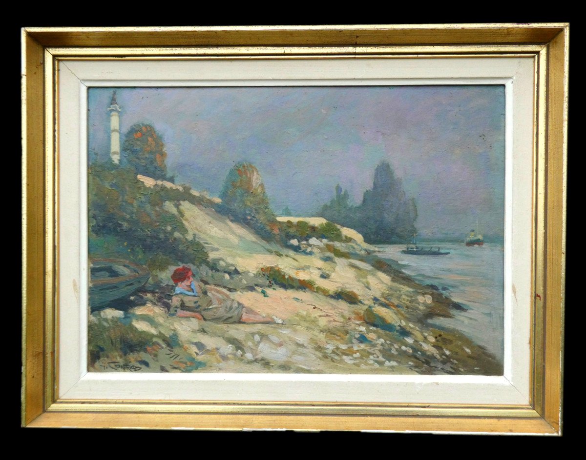 Oil On Panel By Georges Conrad, Young Woman Languid On The Normandy Beach, Seaside