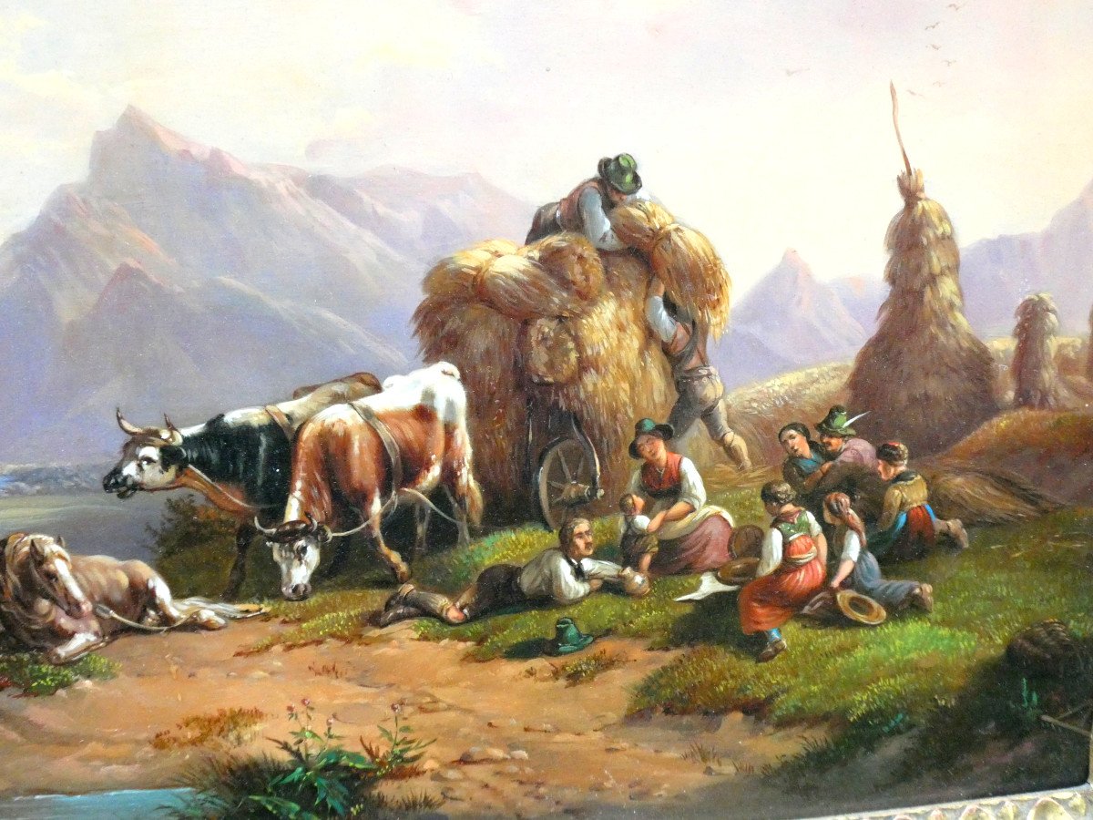 Huile Sur Cuivre De Jean Louis Demarne , Tableau Italien , Scène Champetre , La Moisson Vers 1830 , Cheval , Montagne-photo-2