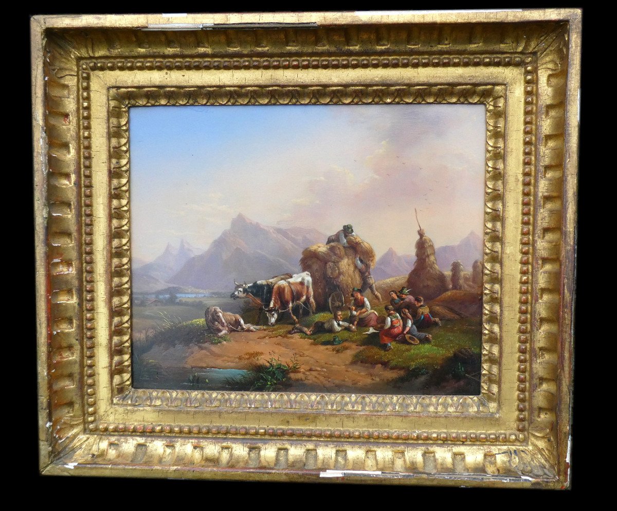 Huile Sur Cuivre De Jean Louis Demarne , Tableau Italien , Scène Champetre , La Moisson Vers 1830 , Cheval , Montagne-photo-3