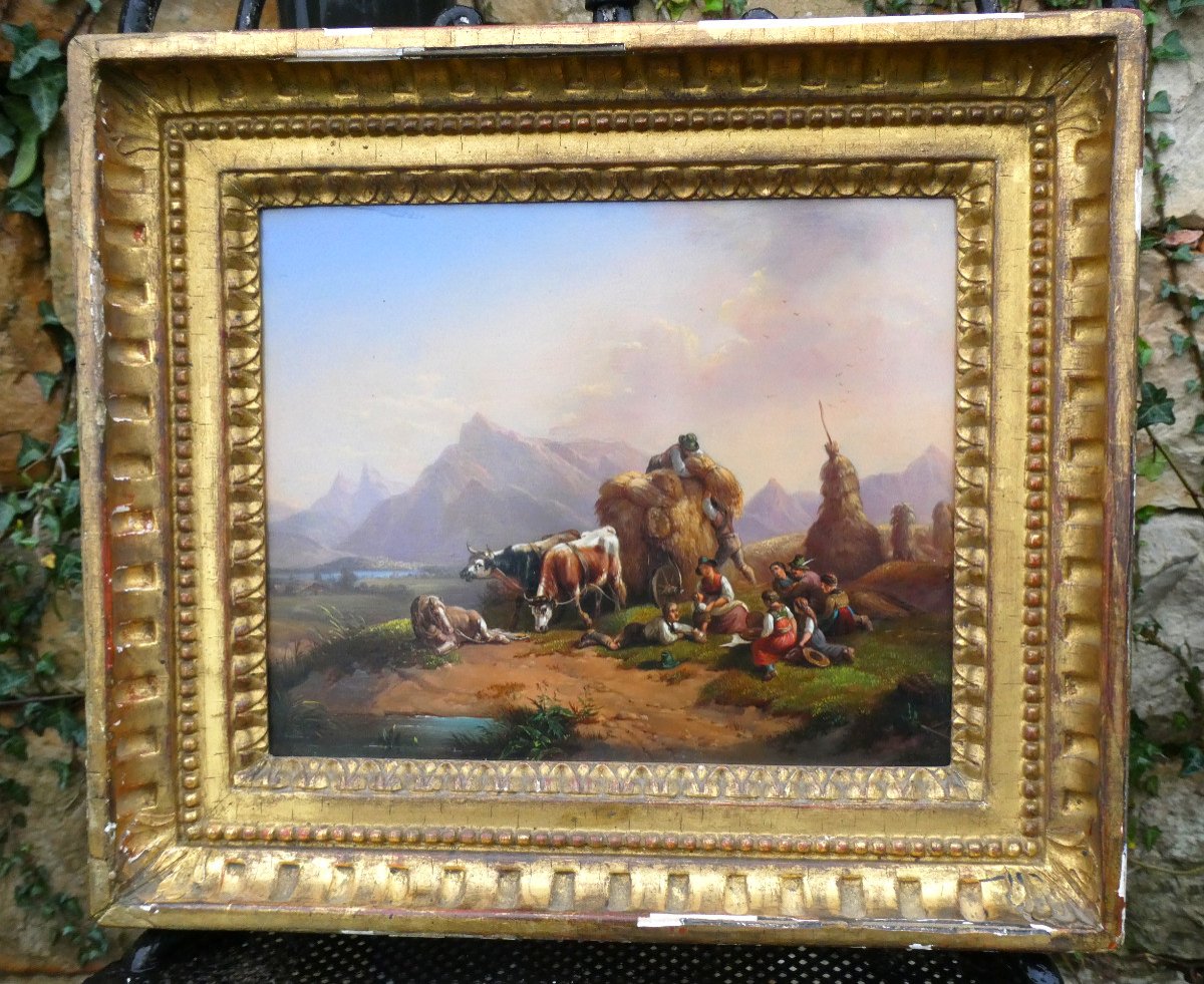 Oil On Copper, Italian Painting, Country Scene, The Harvest Circa 1830, Horse, Mountain