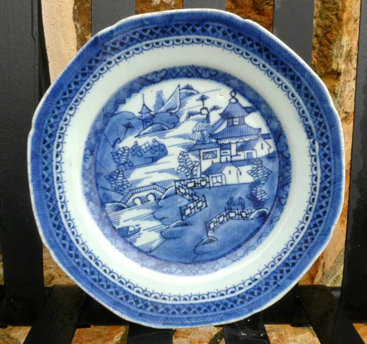 Pair Of Chinese Porcelain Plates, 18th Century Period, Pagoda / Barrier Asia-photo-2