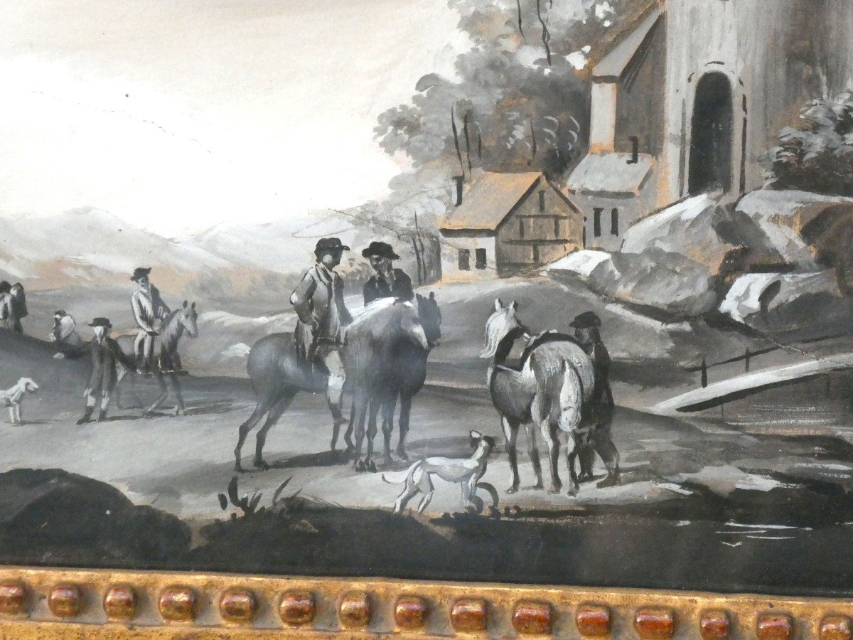 Gouache Epoque XIXe Siecle 1820 , Décor De Paysage En Grisaille , Tableau , Chasse & Chevaux-photo-2