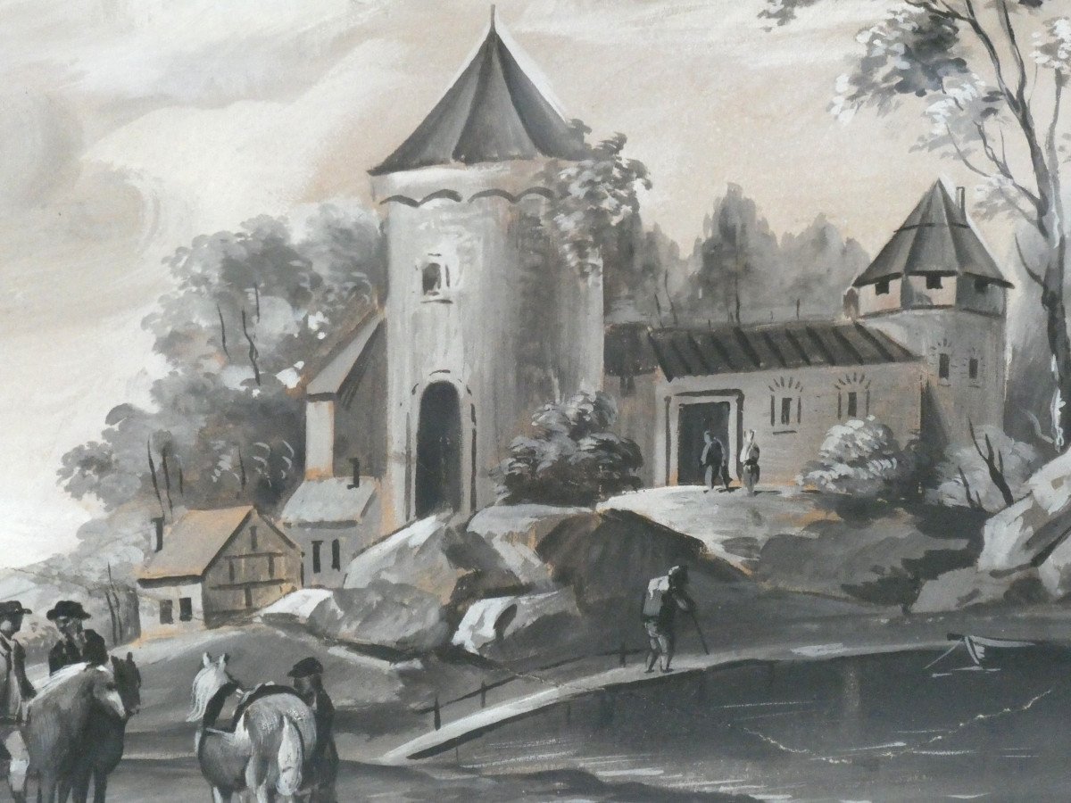 Gouache Epoque XIXe Siecle 1820 , Décor De Paysage En Grisaille , Tableau , Chasse & Chevaux-photo-3