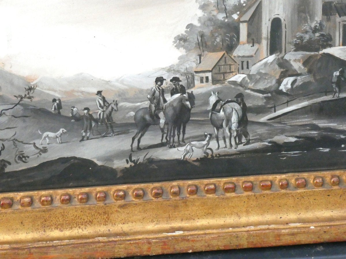 Gouache Epoque XIXe Siecle 1820 , Décor De Paysage En Grisaille , Tableau , Chasse & Chevaux-photo-4