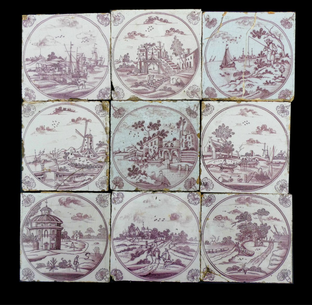 Serie De 9 Carreaux En Faience Delft / Nord De La France , Manganese , Carrelages , Voiliers 