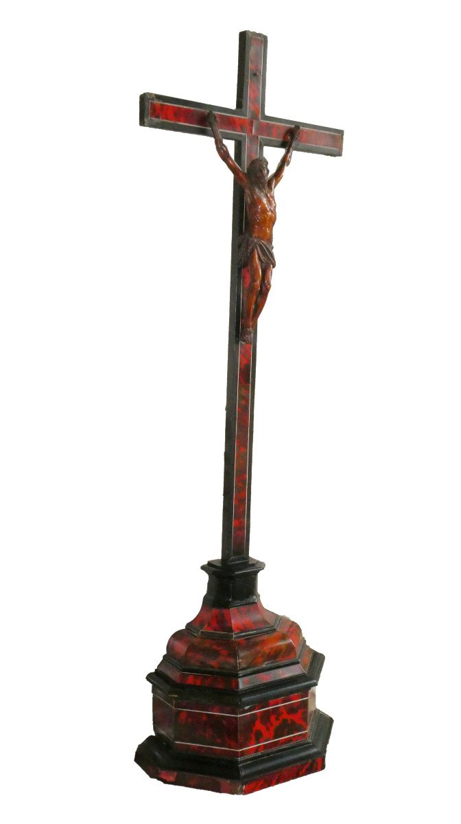 Grand Crucifix D'Autel Epoque XVIIIe , Ecaille De Tortue & Ivoire , Flandres , Calvaire , Bois Noirci , 96cm de hauteur-photo-3