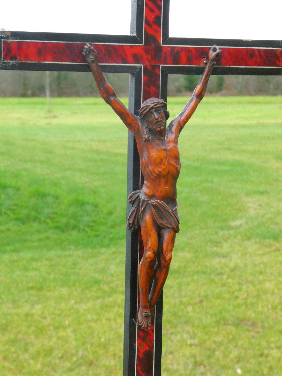 Grand Crucifix D'Autel Epoque XVIIIe , Ecaille De Tortue & Ivoire , Flandres , Calvaire , Bois Noirci , 96cm de hauteur-photo-2