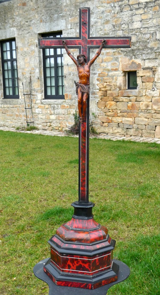 Grand Crucifix D'Autel Epoque XVIIIe , Ecaille De Tortue & Ivoire , Flandres , Calvaire , Bois Noirci , 96cm de hauteur-photo-1