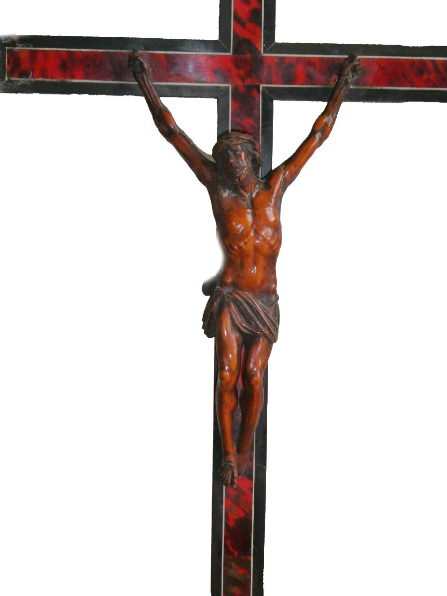 Grand Crucifix D'Autel Epoque XVIIIe , Ecaille De Tortue & Ivoire , Flandres , Calvaire , Bois Noirci , 96cm de hauteur-photo-3