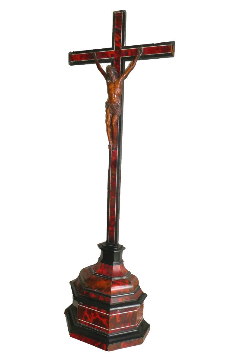 Grand Crucifix D'Autel Epoque XVIIIe , Ecaille De Tortue & Ivoire , Flandres , Calvaire , Bois Noirci , 96cm de hauteur-photo-5