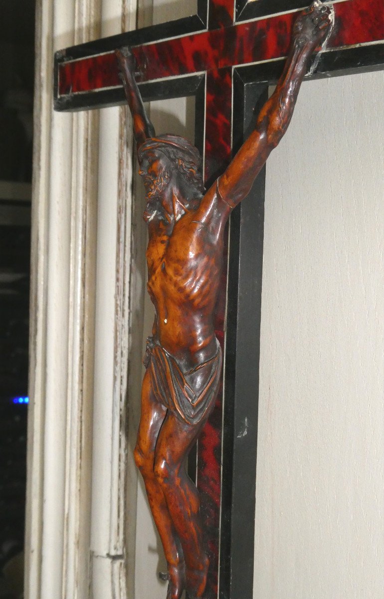 Grand Crucifix D'Autel Epoque XVIIIe , Ecaille De Tortue & Ivoire , Flandres , Calvaire , Bois Noirci , 96cm de hauteur-photo-8