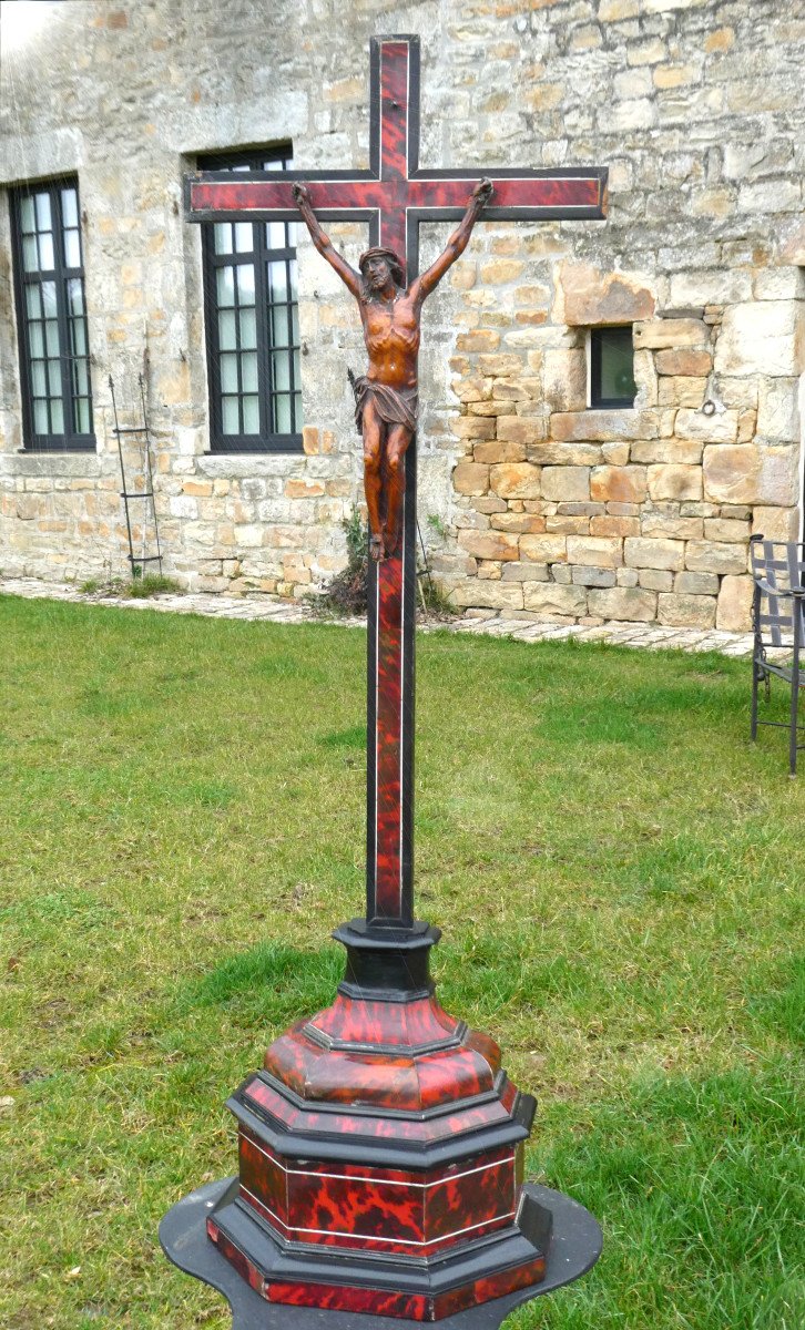 Grand Crucifix D'Autel Epoque XVIIIe , Ecaille De Tortue & Ivoire , Flandres , Calvaire , Bois Noirci , 96cm de hauteur