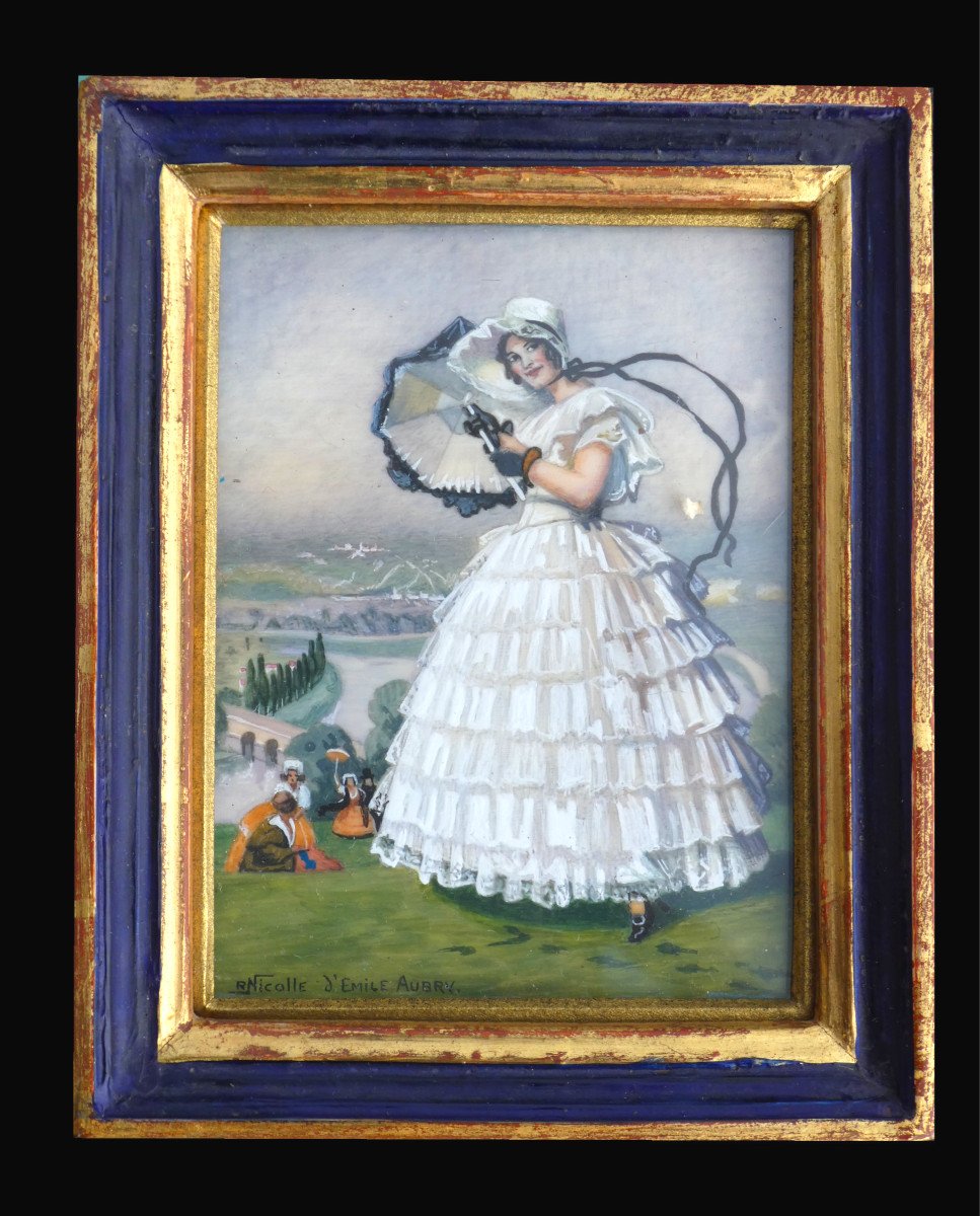 Miniature , Aquarelle , Jeune Femme En Crinoline Signée R Nicolle , Costume De Musette , Aubry
