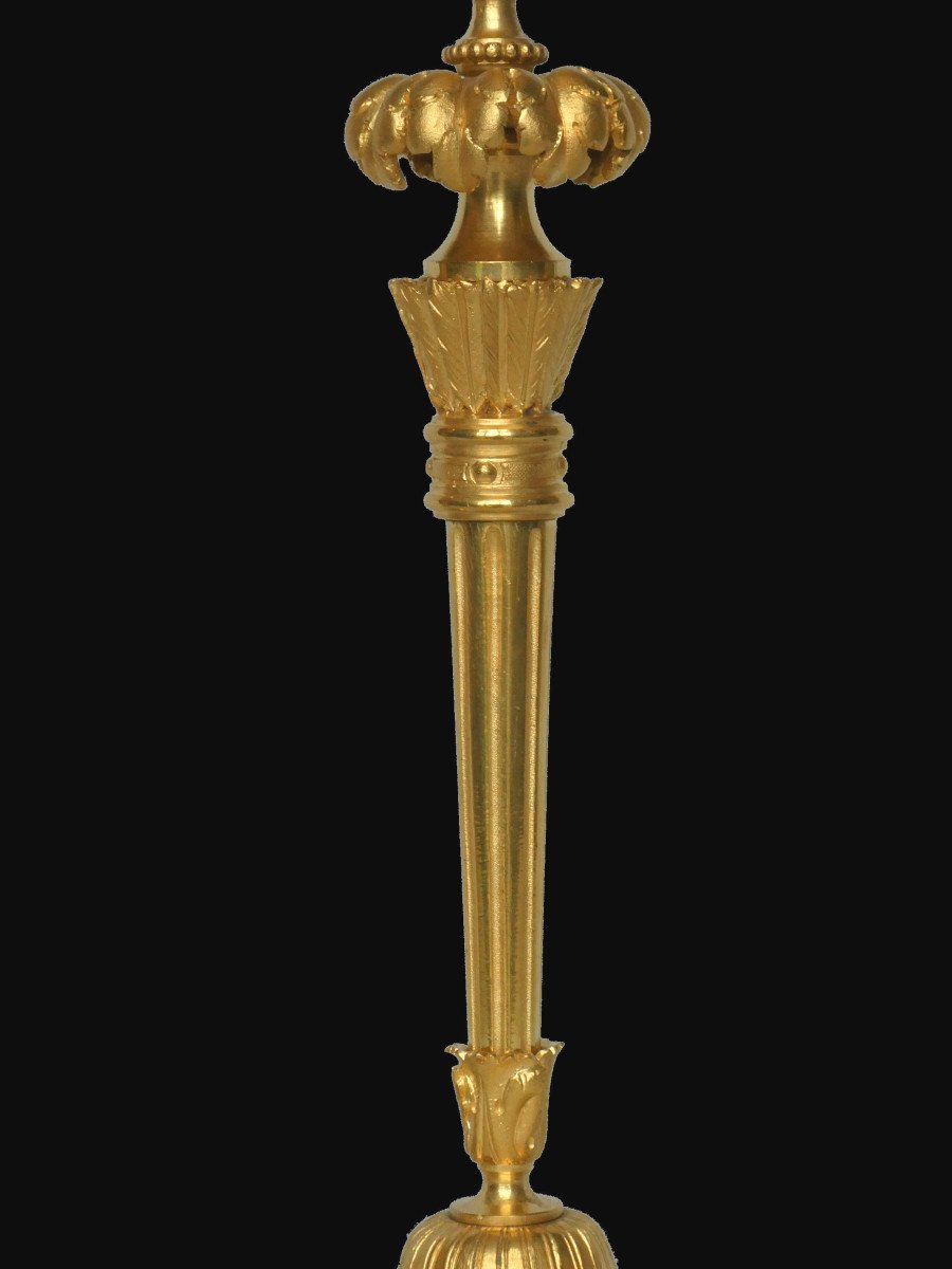 Pair Of Table Lamps Candlesticks / Torches In Gilt Bronze Louis XVI Style Fonte Fumiere-photo-2