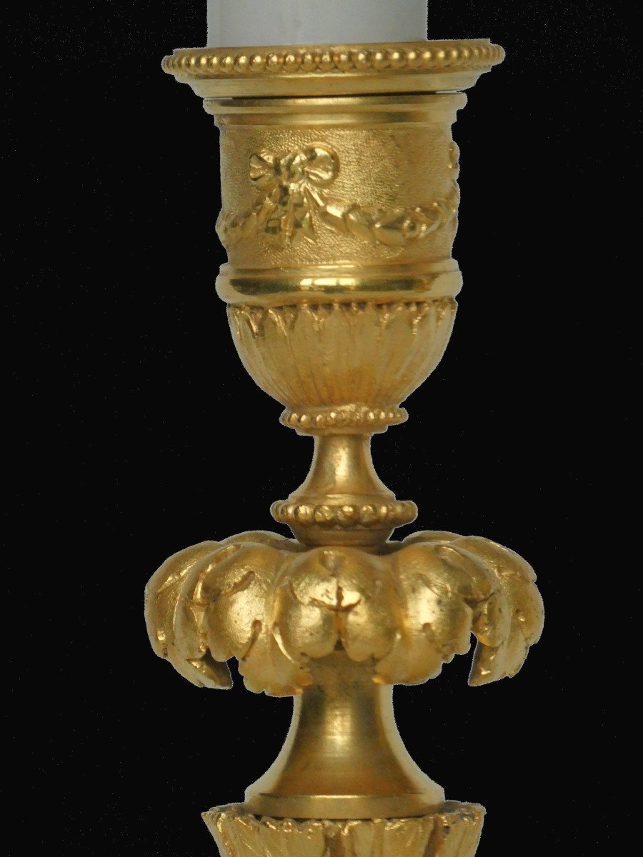 Pair Of Table Lamps Candlesticks / Torches In Gilt Bronze Louis XVI Style Fonte Fumiere-photo-3