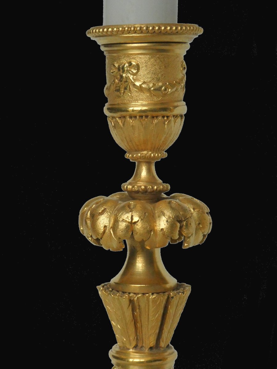 Pair Of Table Lamps Candlesticks / Torches In Gilt Bronze Louis XVI Style Fonte Fumiere-photo-4