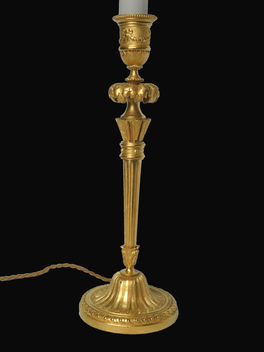 Pair Of Table Lamps Candlesticks / Torches In Gilt Bronze Louis XVI Style Fonte Fumiere-photo-7