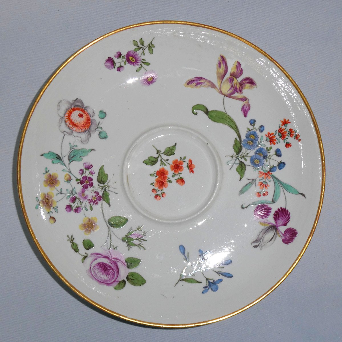 18th Century Drageoir Plate In German Porcelain From Nymphenburg, Bowl, Flower Decor