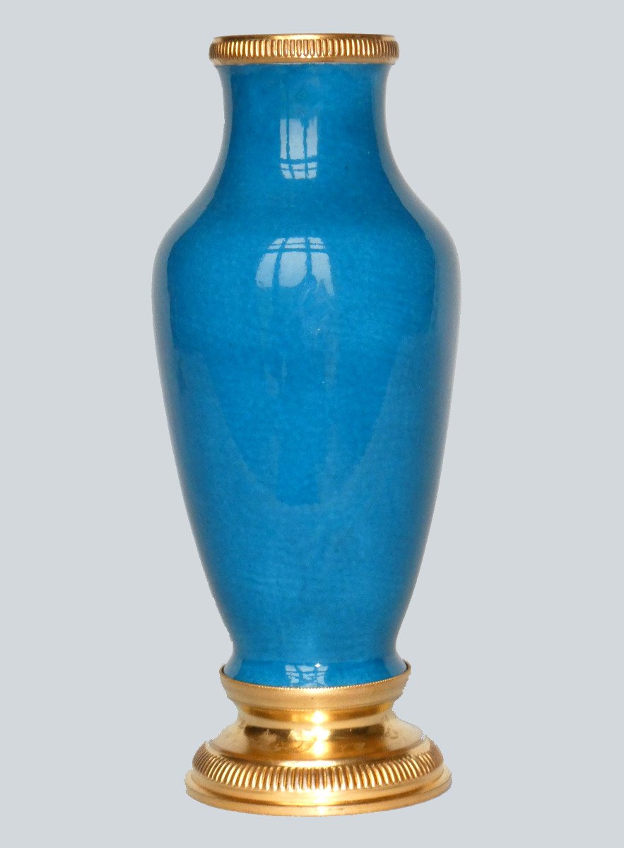 Baluster Vase In Turquoise Blue Cracked Porcelain, Sevres Style, 1900 Gilt Brass Frame-photo-2