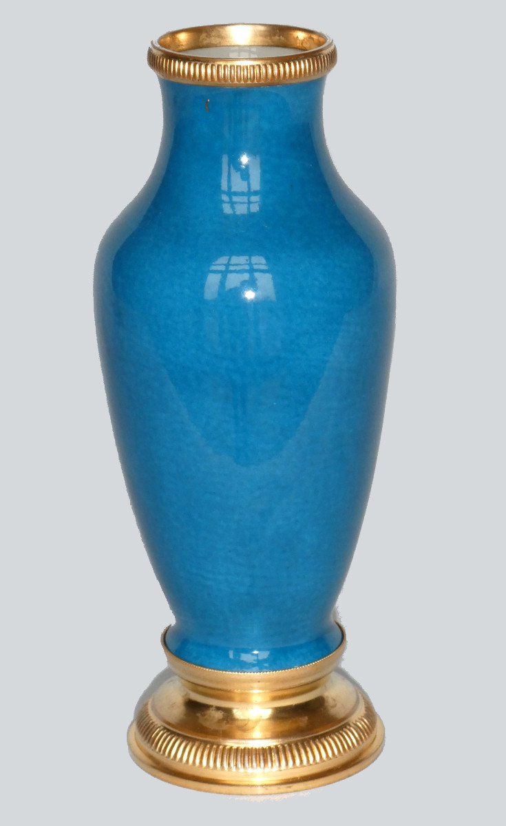 Baluster Vase In Turquoise Blue Cracked Porcelain, Sevres Style, 1900 Gilt Brass Frame-photo-3