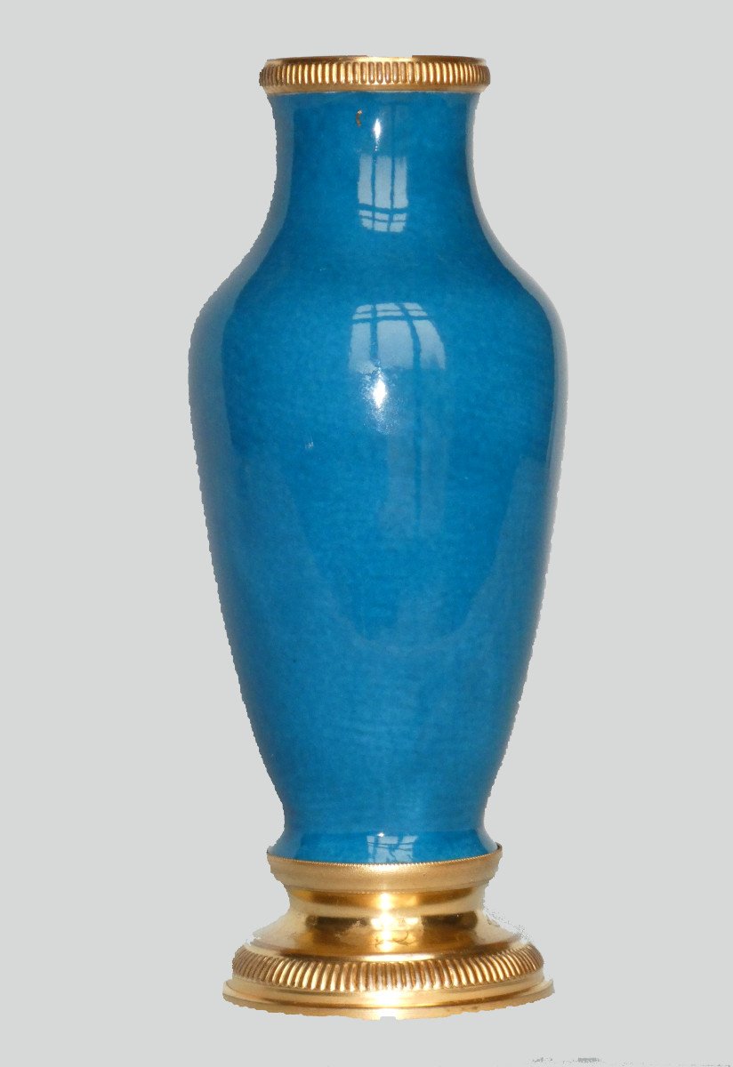 Baluster Vase In Turquoise Blue Cracked Porcelain, Sevres Style, 1900 Gilt Brass Frame