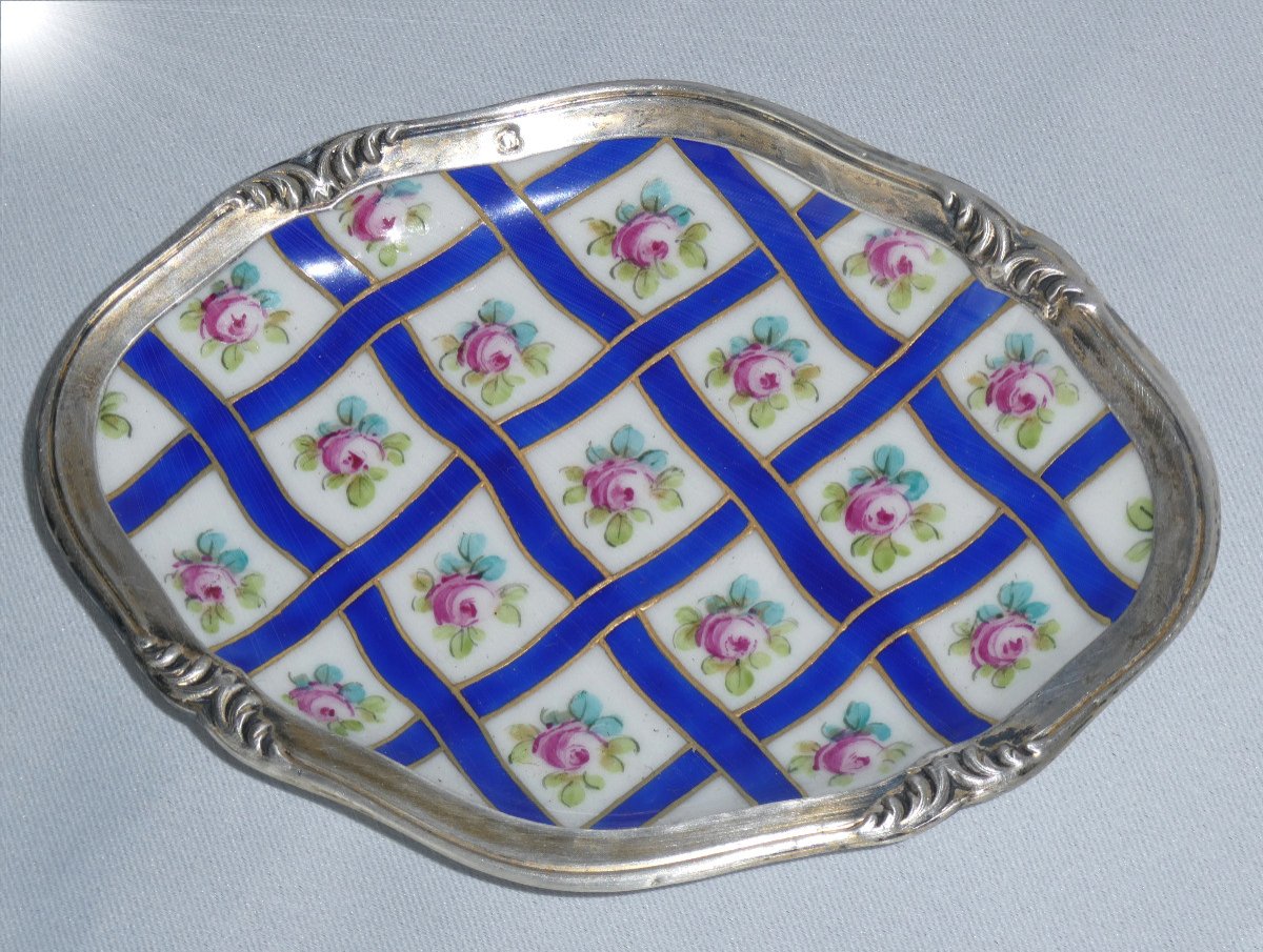 Sevres Style Porcelain Empty Pocket, 1900 Sterling Silver Frame, Business Card Holder