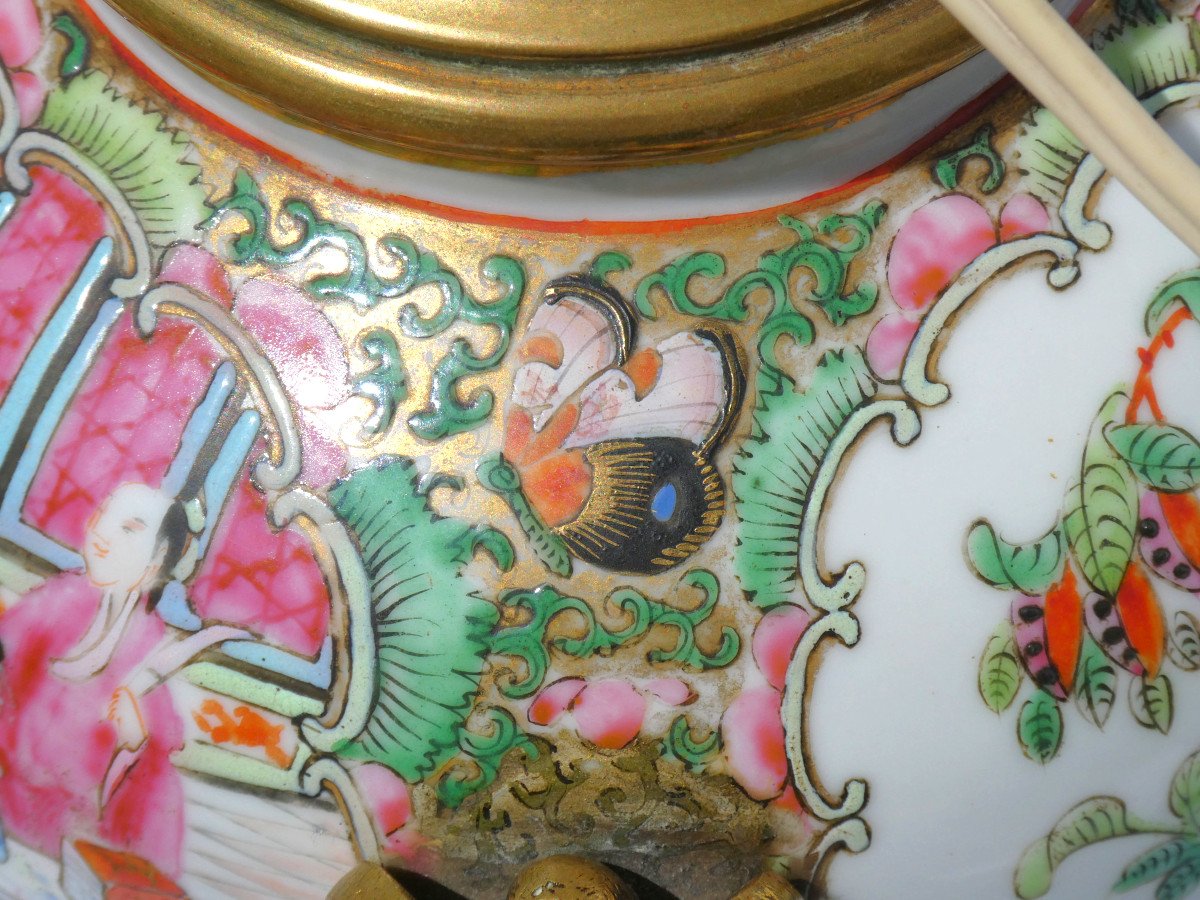 Table / Living Room Lamp In Canton Porcelain & Bronze, 19th Century Ginger Pot, Famille Rose -photo-2
