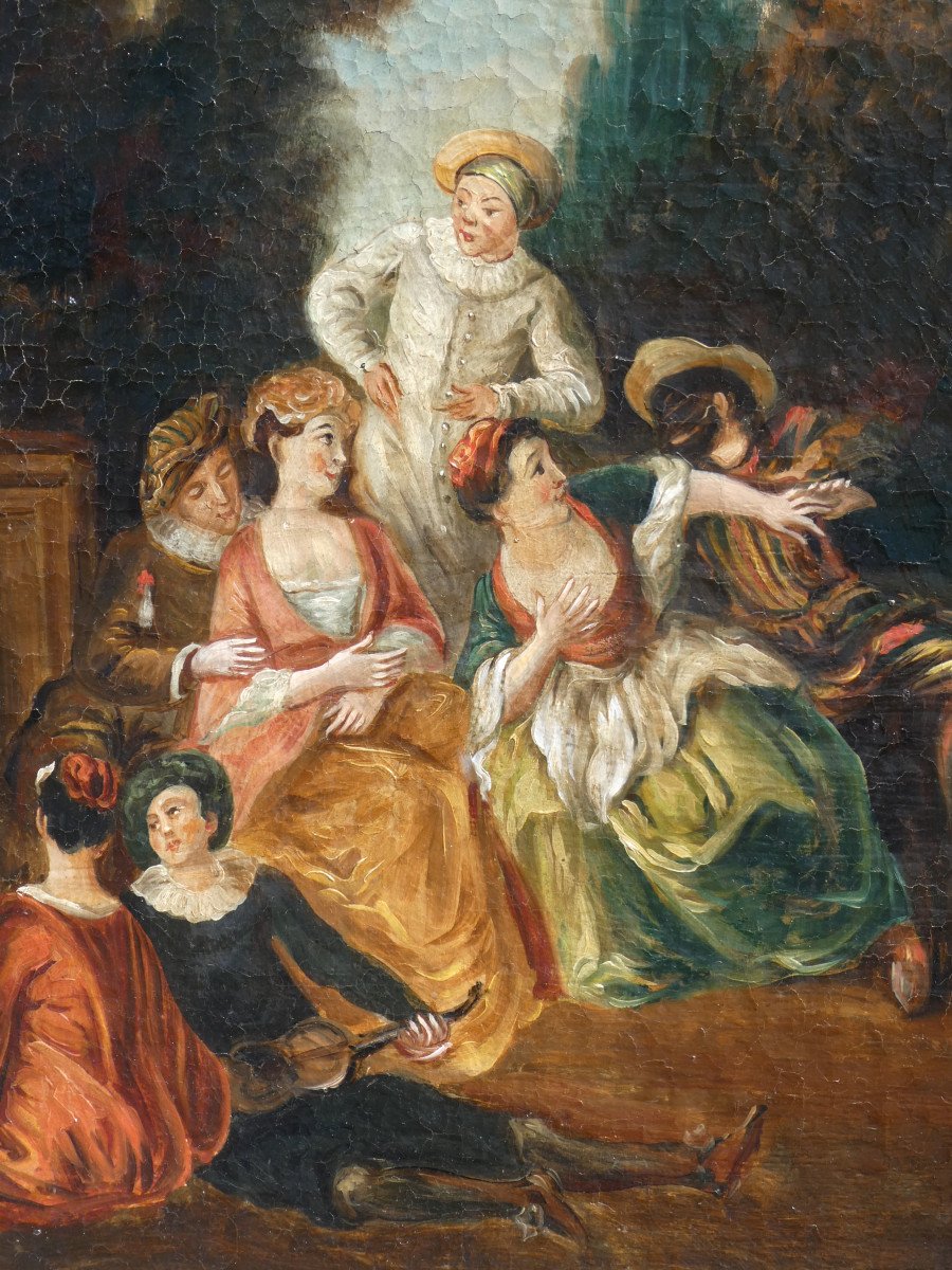 Huile Sur Toile d'Aprés Nicolas Lancret Epoque XIXe Siecle Scène Galante , Pierrot Dans Un Parc-photo-2