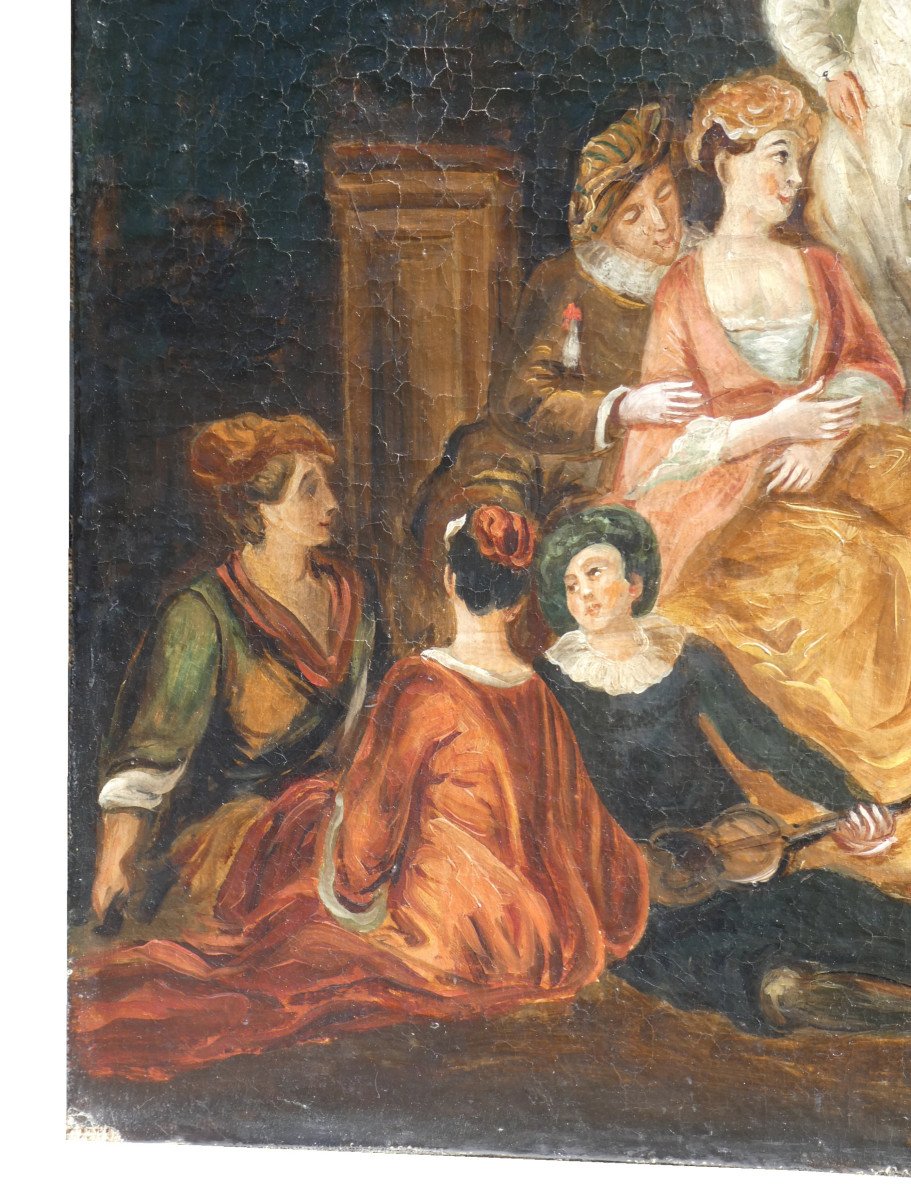Huile Sur Toile d'Aprés Nicolas Lancret Epoque XIXe Siecle Scène Galante , Pierrot Dans Un Parc-photo-3
