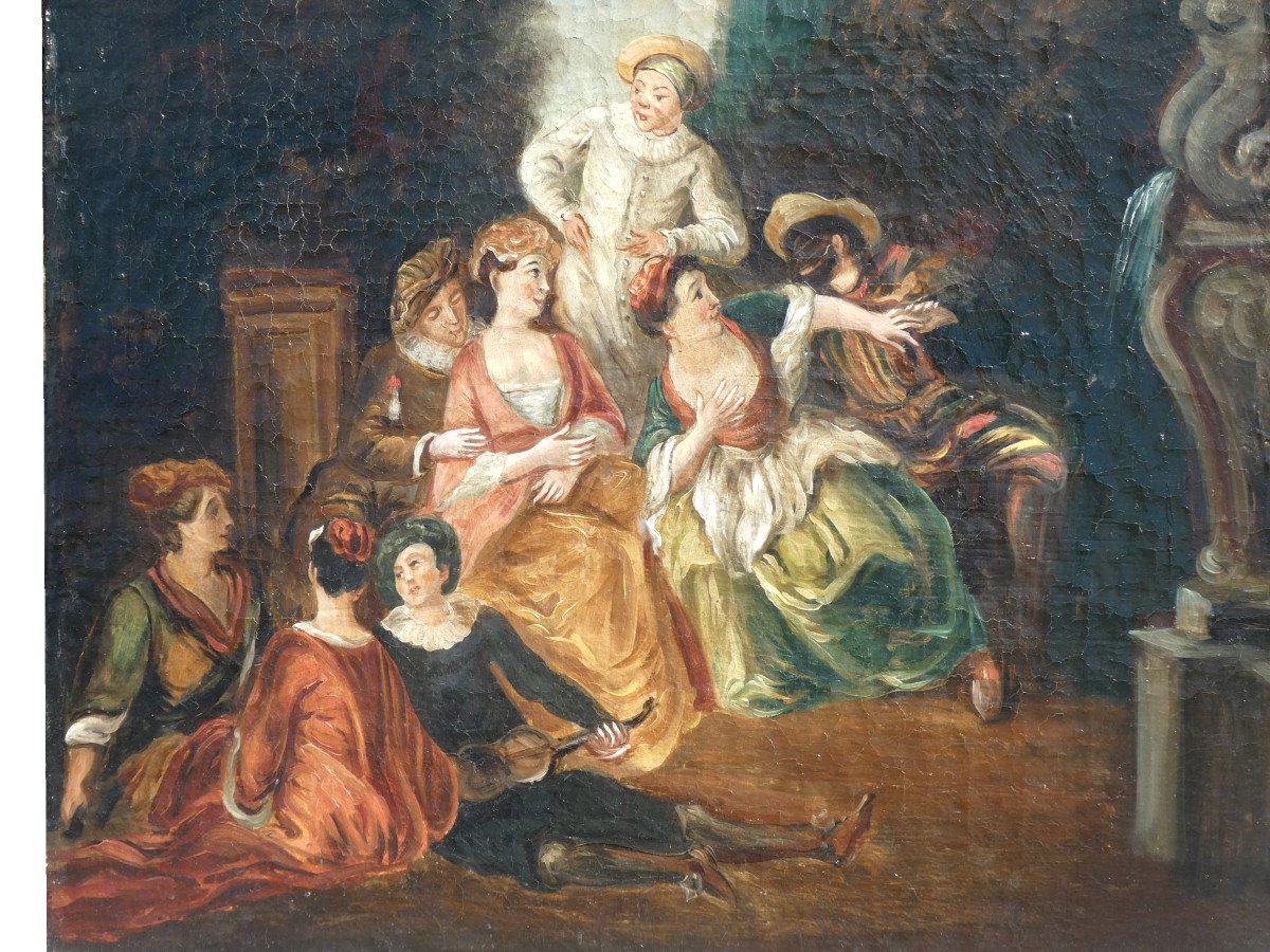 Huile Sur Toile d'Aprés Nicolas Lancret Epoque XIXe Siecle Scène Galante , Pierrot Dans Un Parc-photo-4