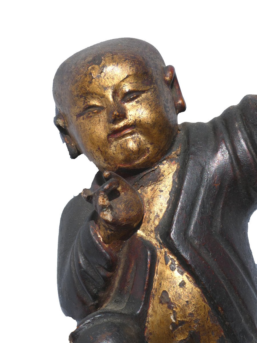 Sculpture En Bois Laque Doré , Jeune Danseur Chinois 1900 Buddha Shakyamuni , Enfant Vietnam-photo-4