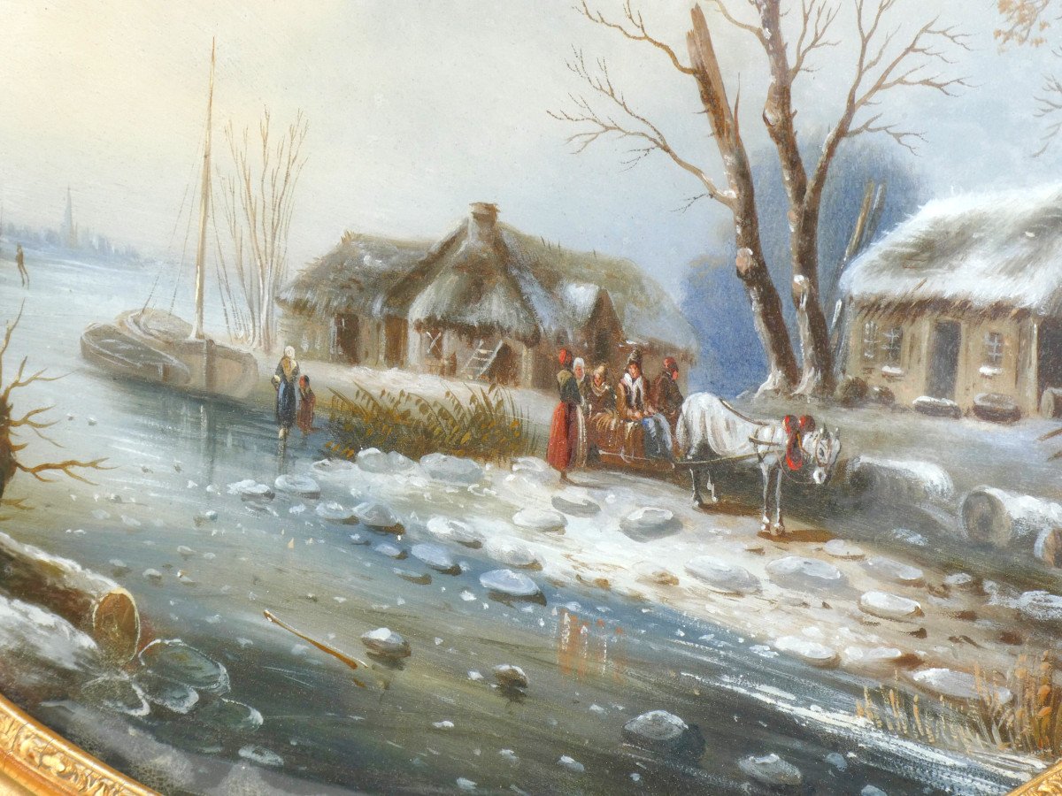 Grand Fixé Sous Verre époque Napoléon III Paysage Enneigé Moulins Sous La  Neige Flandres XIXe -photo-2