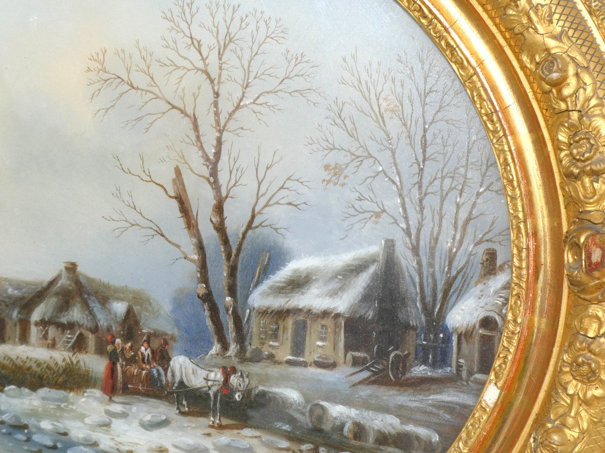 Grand Fixé Sous Verre époque Napoléon III Paysage Enneigé Moulins Sous La  Neige Flandres XIXe -photo-3