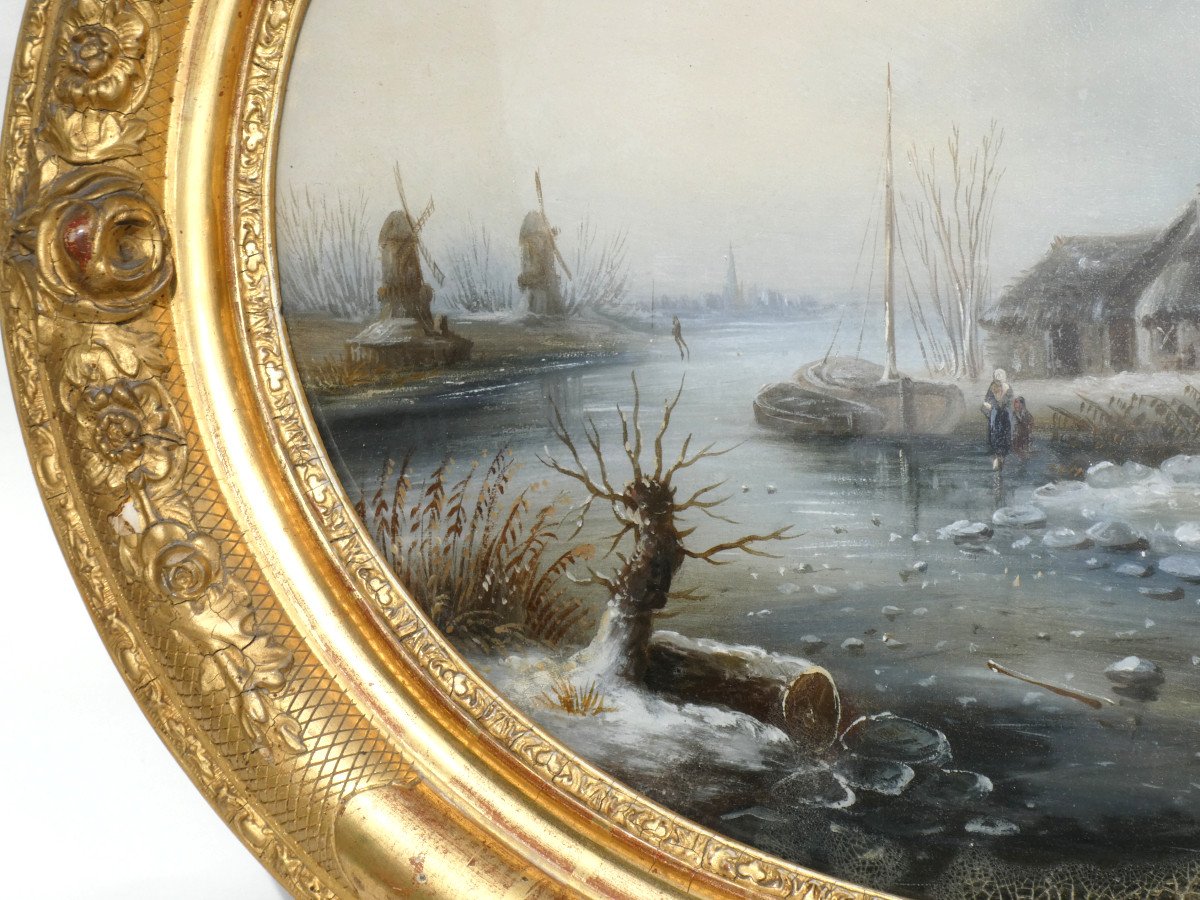 Grand Fixé Sous Verre époque Napoléon III Paysage Enneigé Moulins Sous La  Neige Flandres XIXe -photo-2