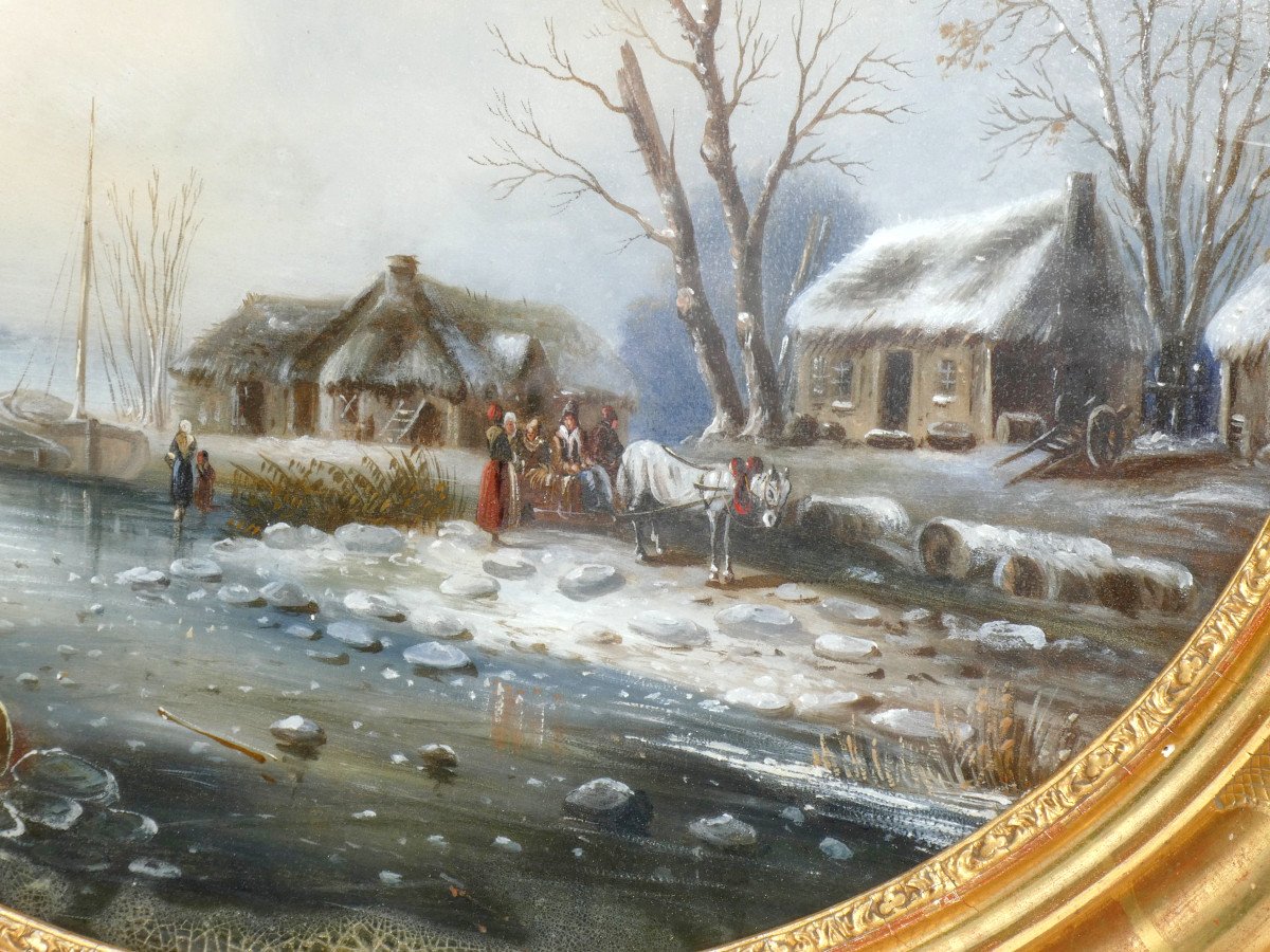 Grand Fixé Sous Verre époque Napoléon III Paysage Enneigé Moulins Sous La  Neige Flandres XIXe -photo-3