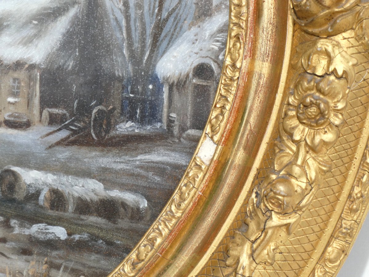 Grand Fixé Sous Verre époque Napoléon III Paysage Enneigé Moulins Sous La  Neige Flandres XIXe -photo-4
