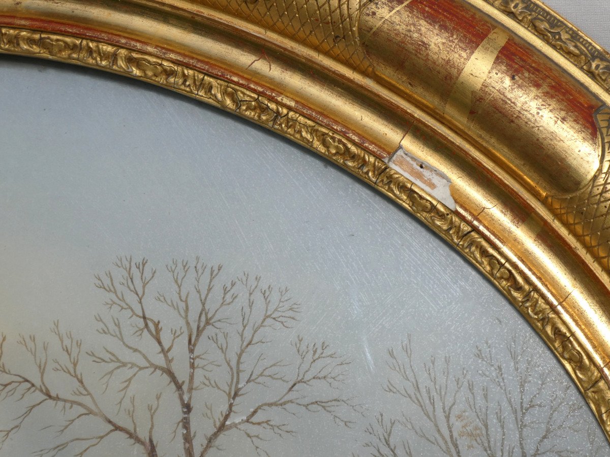 Grand Fixé Sous Verre époque Napoléon III Paysage Enneigé Moulins Sous La  Neige Flandres XIXe -photo-5