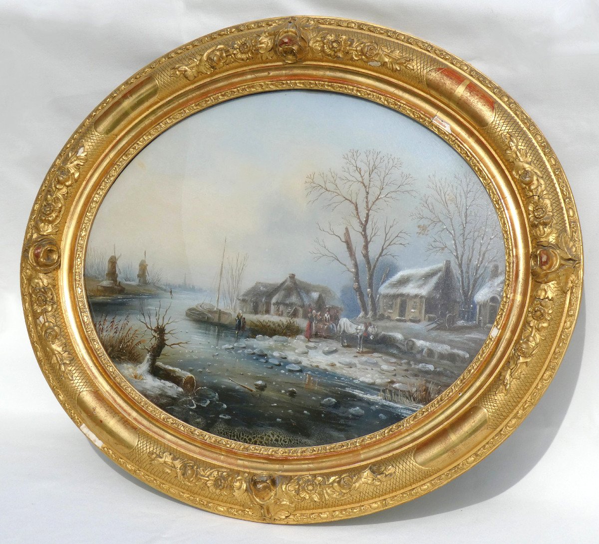 Grand Fixé Sous Verre époque Napoléon III Paysage Enneigé Moulins Sous La  Neige Flandres XIXe 