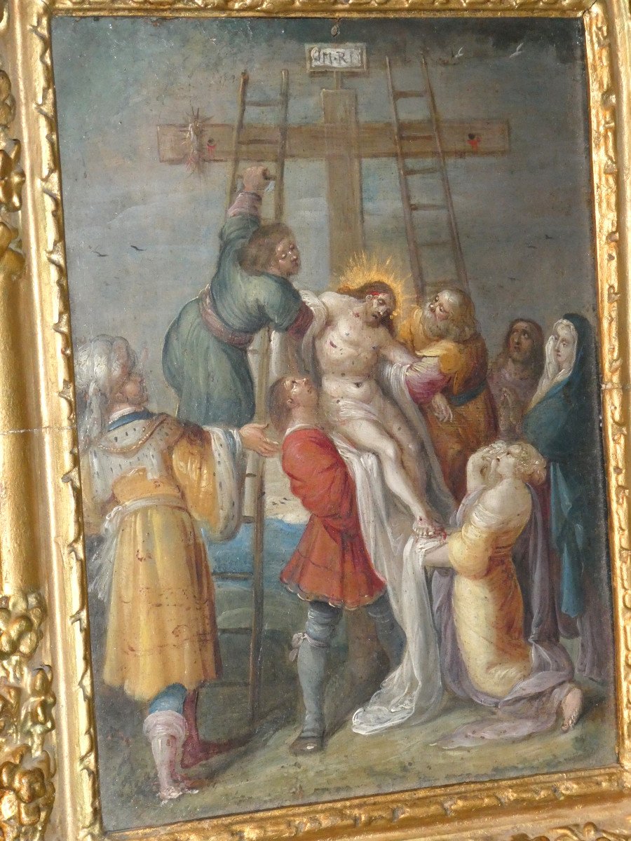 Huile Sur Cuivre Epoque XVIIe Siecle , Descente De Croix , Ecole Flamande , Cadre Bois Doré-photo-2