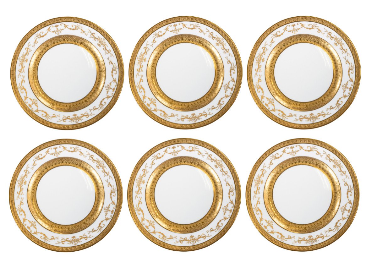 Serie De 6 Assiettes De Presentation Porcelaine Raynaud Medicis Blanche & Or Limoges