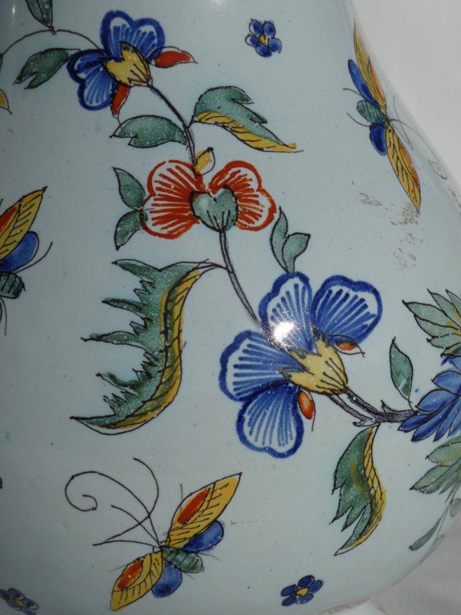 Grand Pot Couvert , Pichet à Eau Chaude En Faience Rouen , XVIIIe , Décor Polychrome Papillons-photo-4
