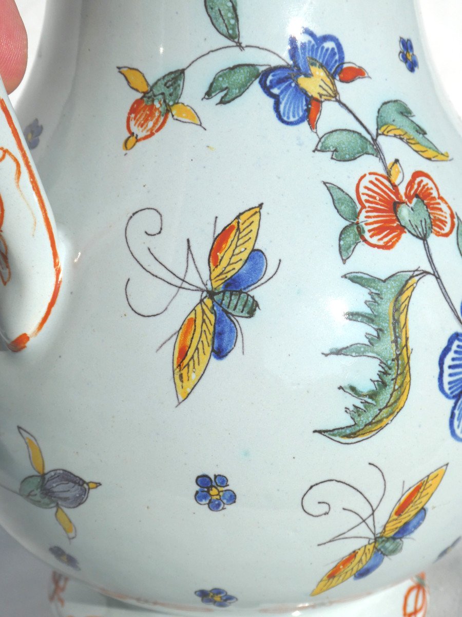 Grand Pot Couvert , Pichet à Eau Chaude En Faience Rouen , XVIIIe , Décor Polychrome Papillons-photo-3